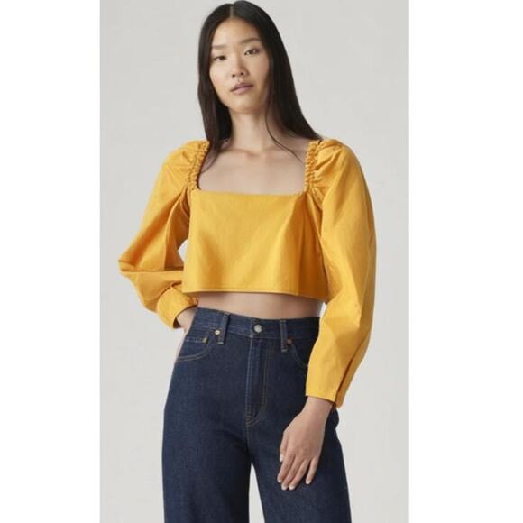 Levi's Tops - Levi's Yellow Smocked Back Square Neck Long Puff Sleeve Blouse Size XL NWT